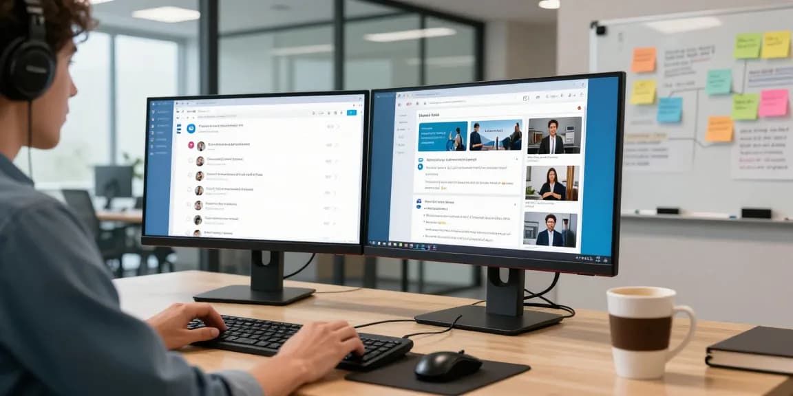 Using the Telegram Web Version in a modern office setup with dual monitors and collaborative notes.