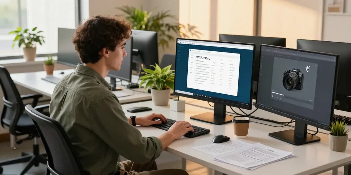 Download WPS Office on modern office setup with professional using laptop and documents.