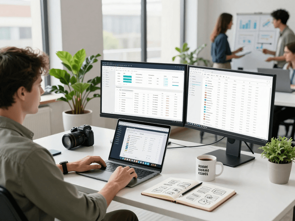 Ambiente de trabalho multicanais com estratégias de marketing digital em destaque