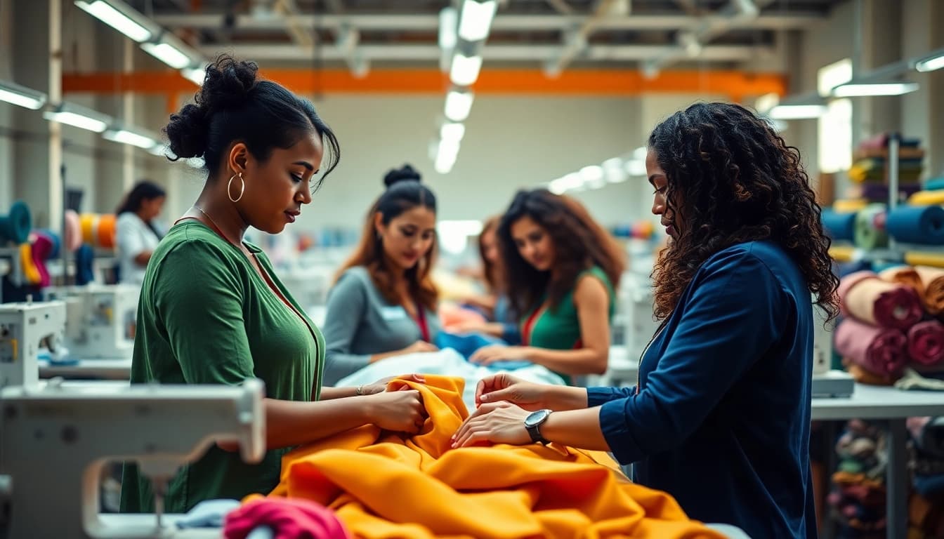 Women’s Clothing Manufacturer team collaborating in a colorful garment factory.