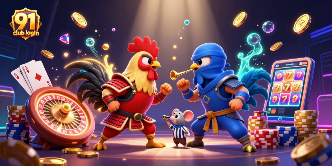 Engage with the exciting 91 club login scene showcasing roosters battling amid vibrant casino elements.