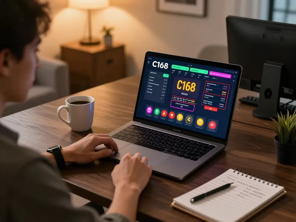 C168 online gaming experience with user analyzing strategies on laptop in cozy home office.