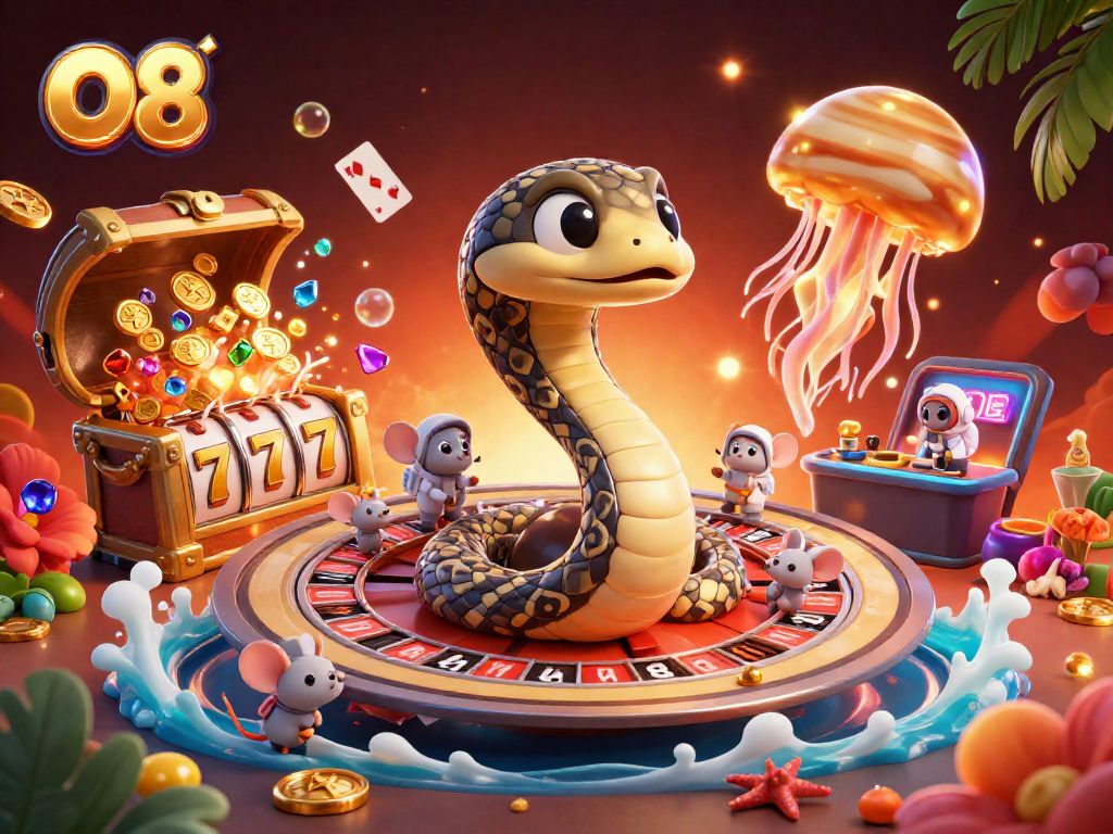 Bet on O8 with a vibrant scene of a snake roulette wheel and colorful casino elements.