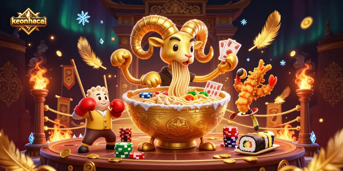 Engage with keonhacai's vibrant gambling scene featuring a giant ramen bowl dealing cards among glimmering coins.