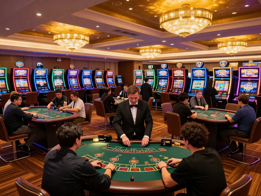 Players engaging in strategic betting at nhà cái GG88 blackjack tables, high-energy casino floor atmosphere.