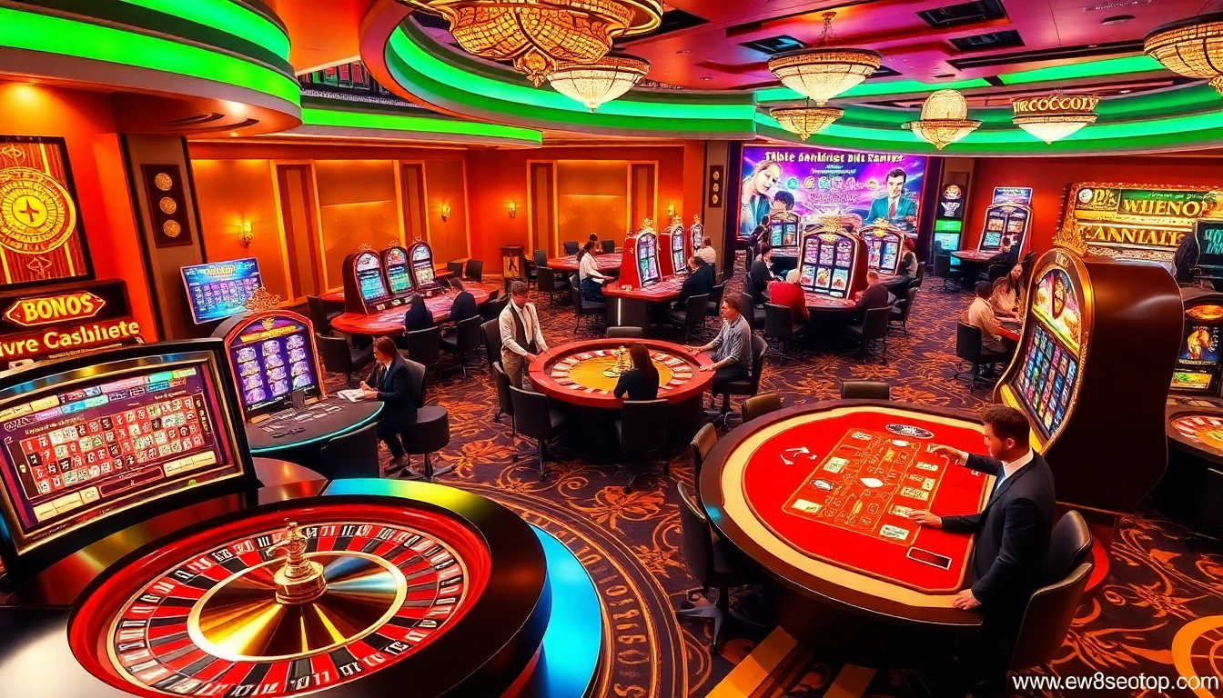 Exciting casino gaming scene highlighting www.new88seotop.com with poker tables and vibrant slot machines.