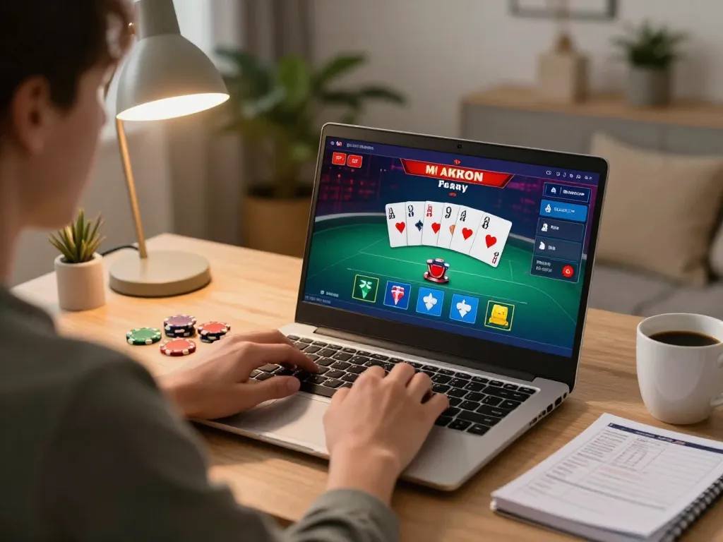 mk8 online poker setup showcasing dynamic gameplay on a laptop with strategy notes included.