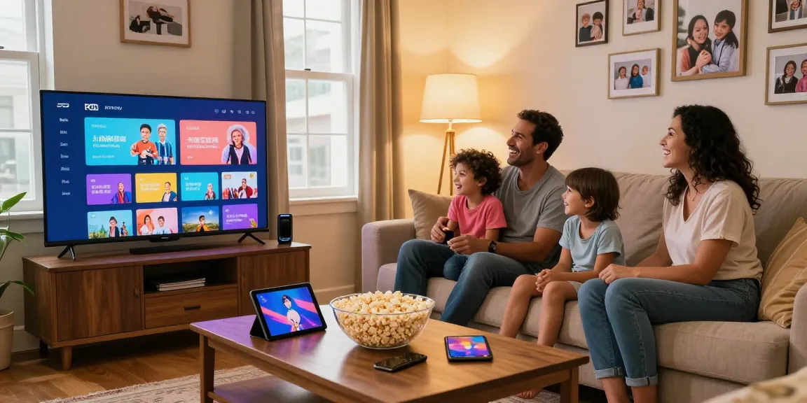 Família assistindo Iptv em casa, com TV inteligente e sofá confortável, atmosfera aconchegante.