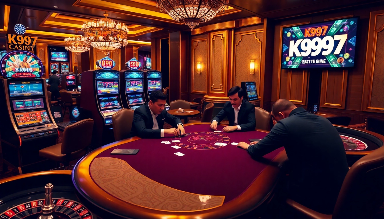 Plataforma de jogo online K997 apresentando uma atmosfera de cassino de luxo com poker, caça-níqueis e roleta.