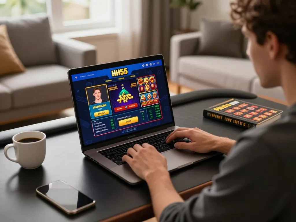 Jogador interagindo com o cassino online HH55 durante uma emocionante sessão de jogos em casa.