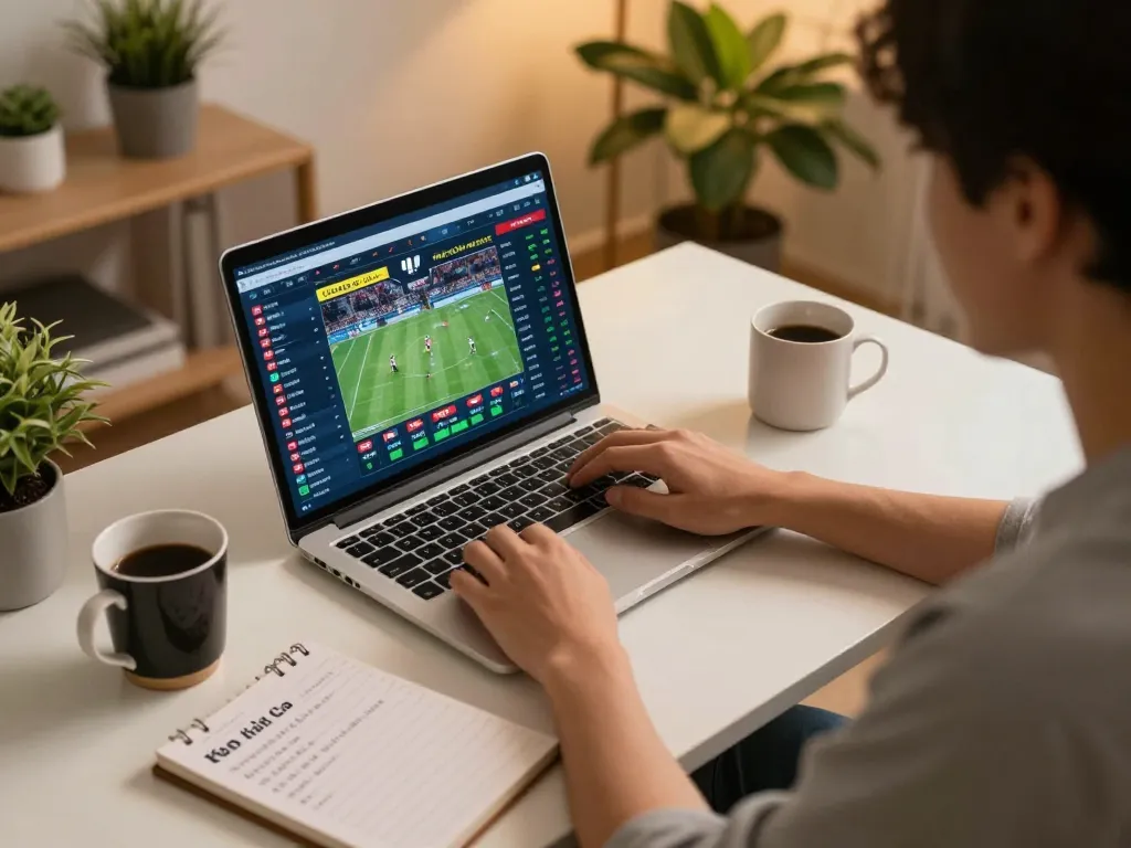Kèo nhà cái hôm nay displayed on laptop while a bettor analyzes live odds at home