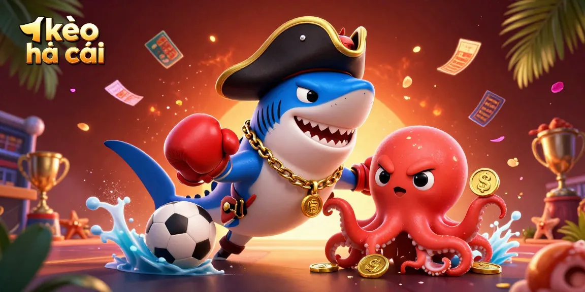 Engage in kèo nhà cái sports betting scene with vibrant characters, sports balls, and dynamic elements.