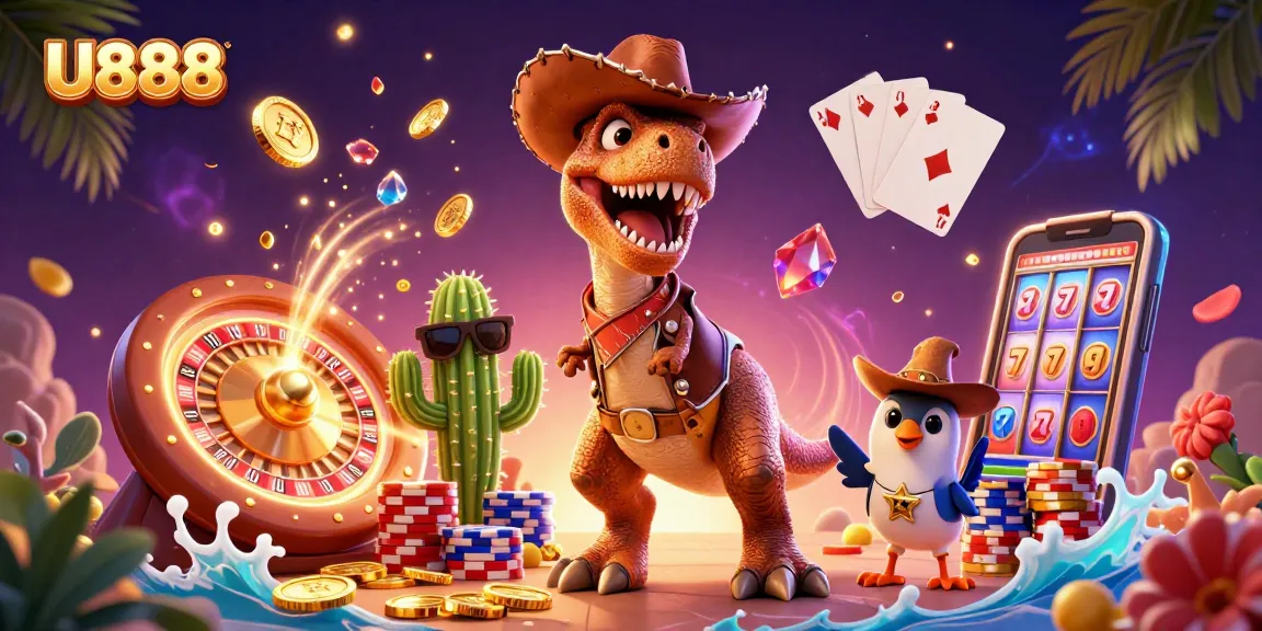 U888 showcases vibrant gaming excitement with a T-Rex and friends at the casino.