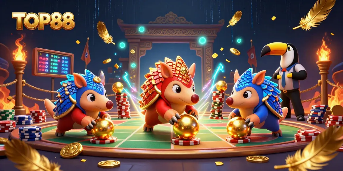 TOP88 pangolins competing in a colorful casino setting filled with poker chips and golden tokens