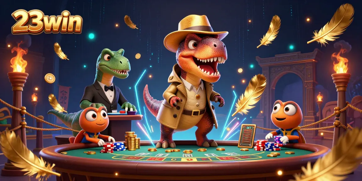 Experience thrilling moments at 23win as a velociraptor card counter blends in at a lively blackjack table.