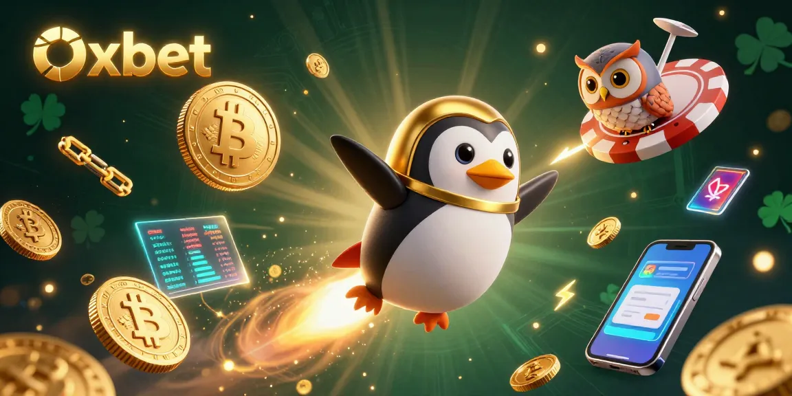 Experience the thrill of Oxbet with a golden penguin soaring through space in a vibrant, energetic casino-themed illustration.