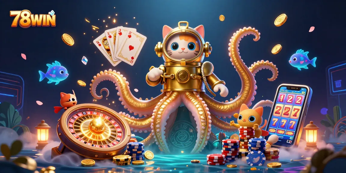 Experience the thrilling world of 78WIN with a kraken and diving cat in an enchanting casino scene.