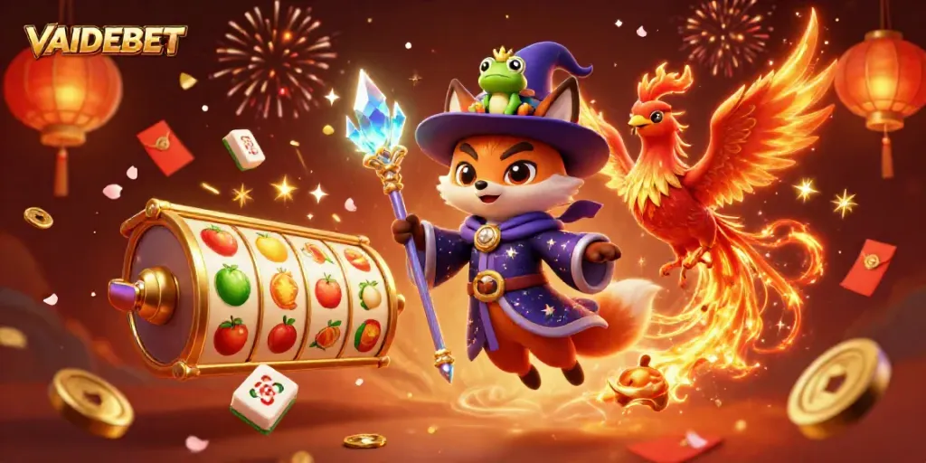 Experience the magic of VAIDEBET with a wizard fox, phoenix, and rich casino elements.
