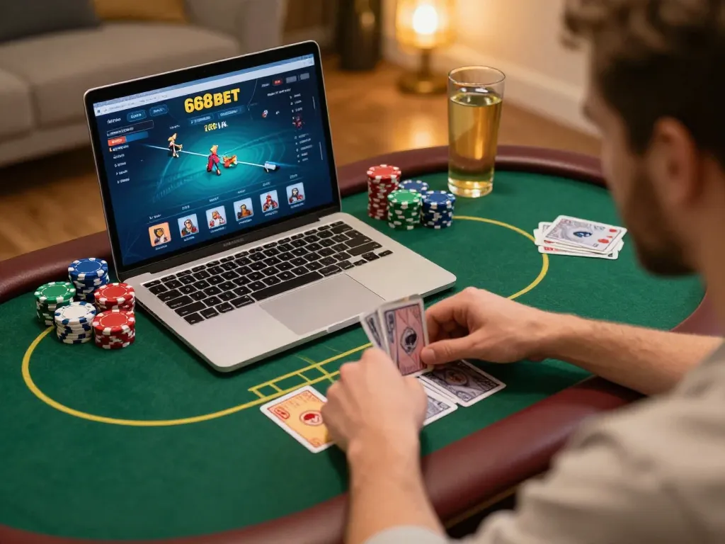 Jogador estrategizando em um jogo de poker online no 668bet com fichas coloridas e iluminação aconchegante.