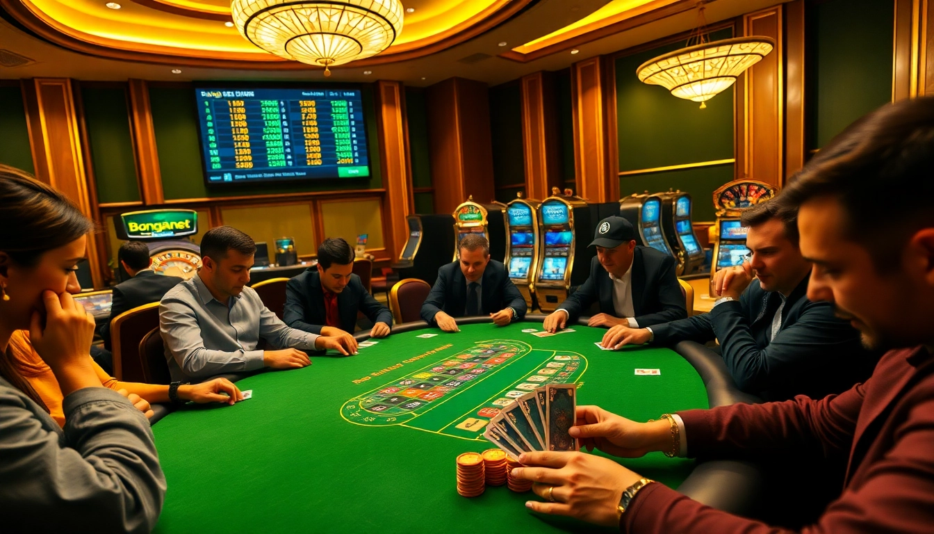 Bongdanet showcases a luxurious gambling scene with players engaged at the poker table, rich in detail and excitement.