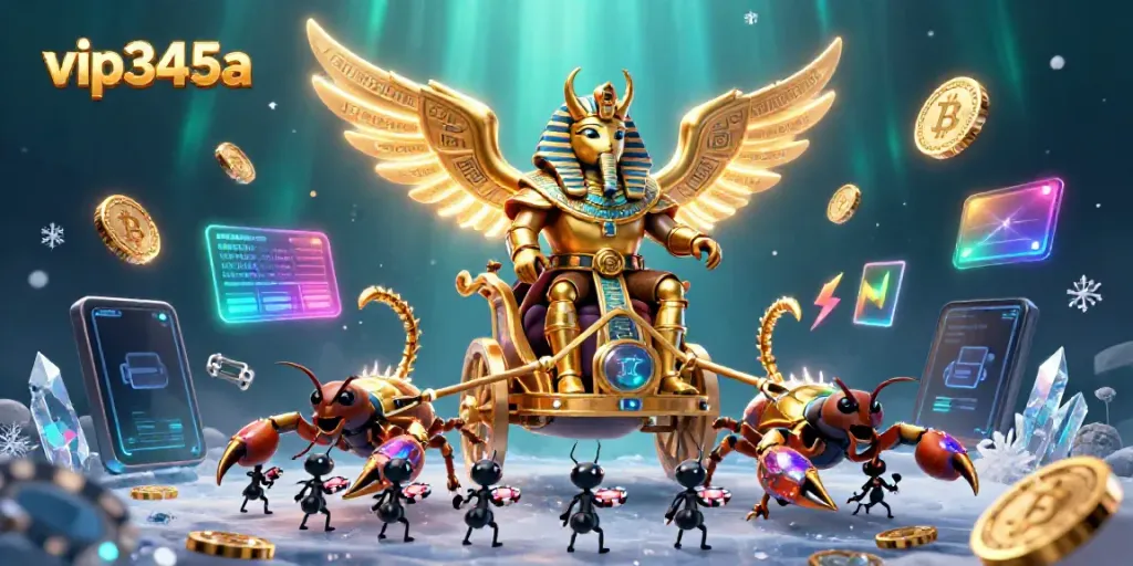 Engage with vip345a in a vibrant 3D illustration depicting a colossal scarab and scorpions amidst crypto-themed elements.