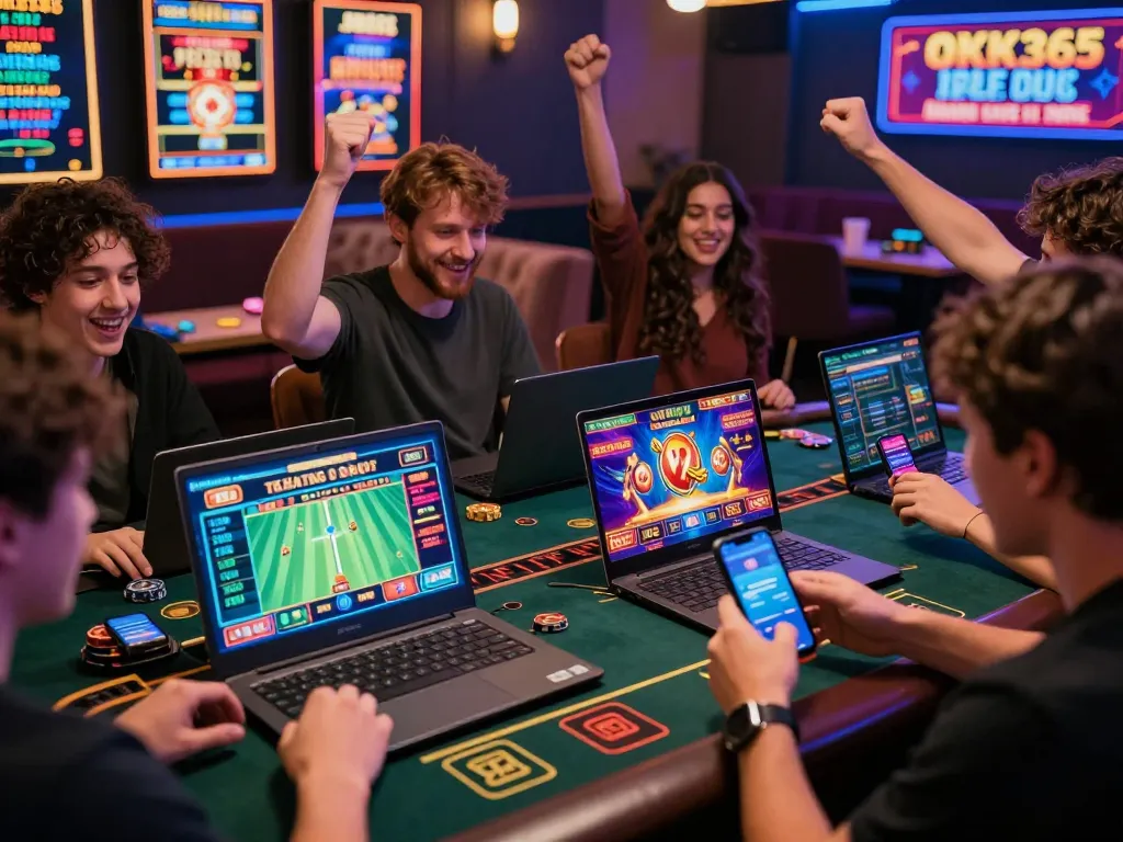 Engaged players enjoying casino games and sports betting at OK365 in vibrant digital setting