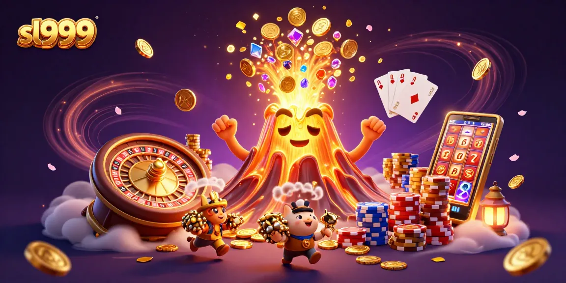 sl999 traz uma cena vibrante de cassino com um vulcão dourado e tesouros em abundância