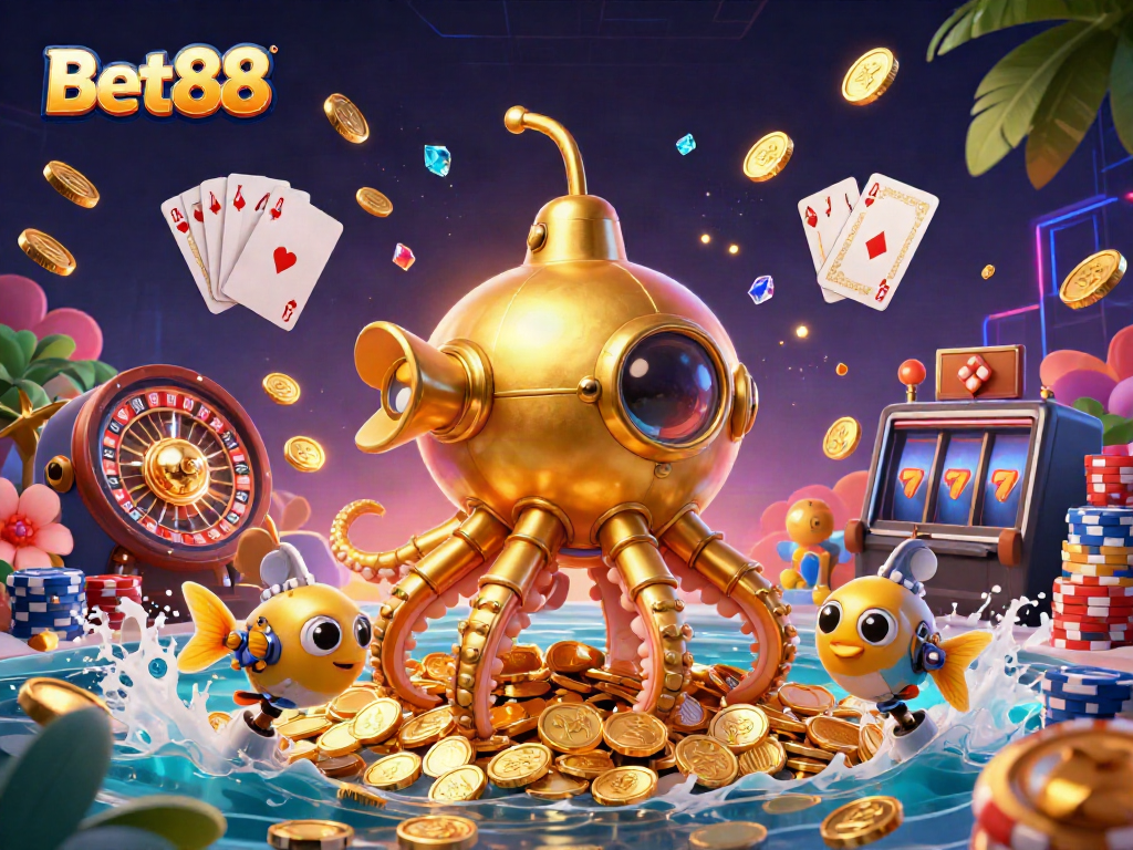 Experience extraordinary gaming with Bet88, featuring a golden kraken and vibrant casino elements.