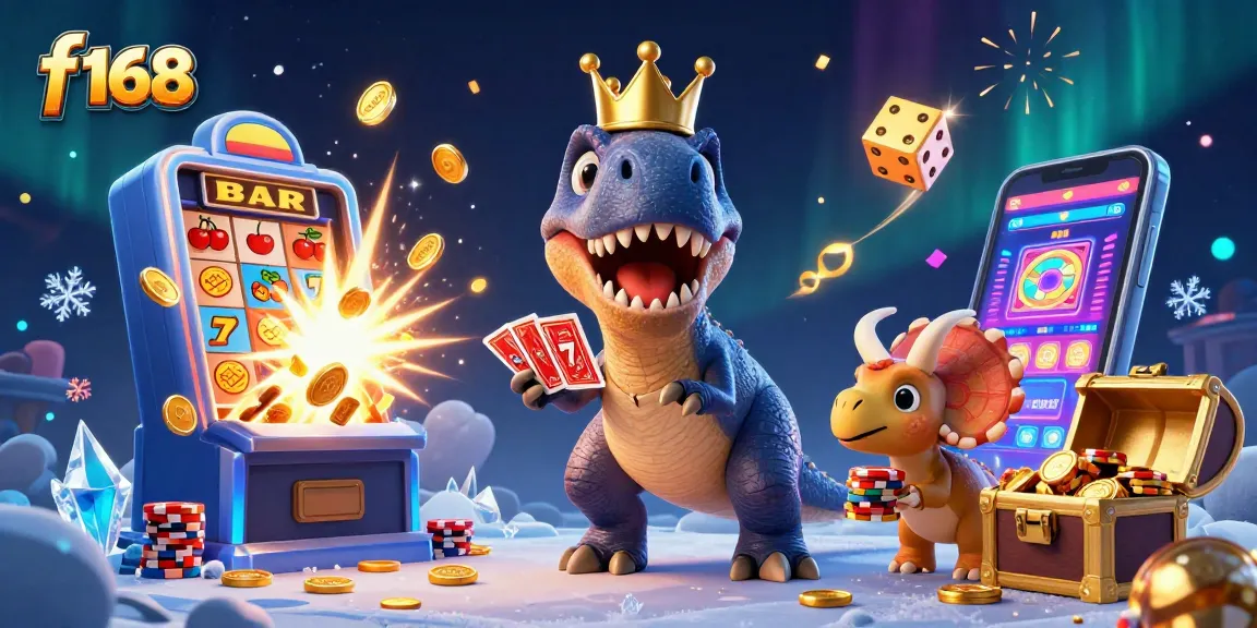 F 168 showcases a playful casino scene with dinosaurs shuffling cards and stacking chips.