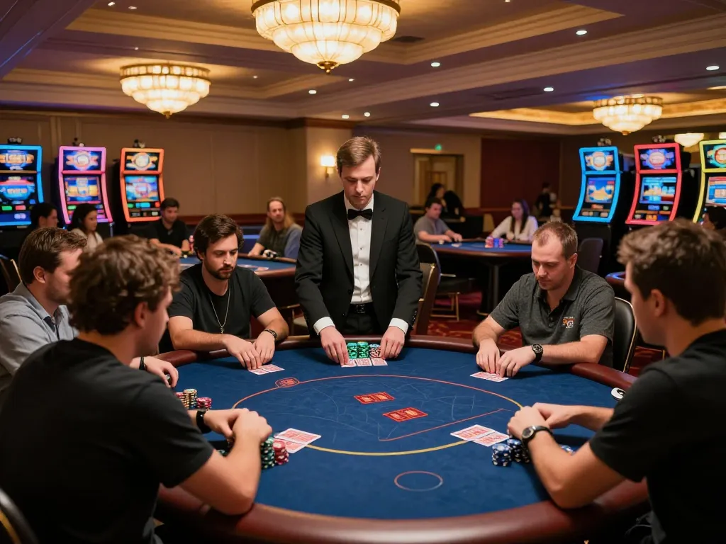 Players engage in strategic poker gameplay at upscale casino, highlighting gk888 tournament excitement.