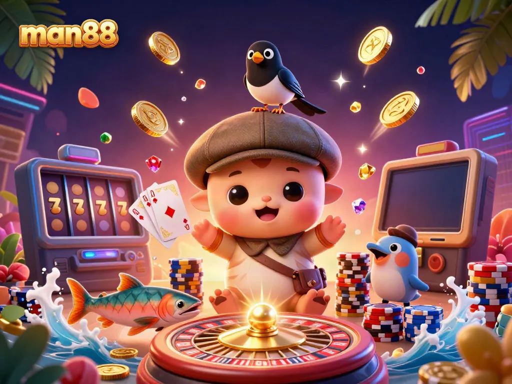 Experience thrilling excitement with man88 as playful characters and cascading coins fill the scene.