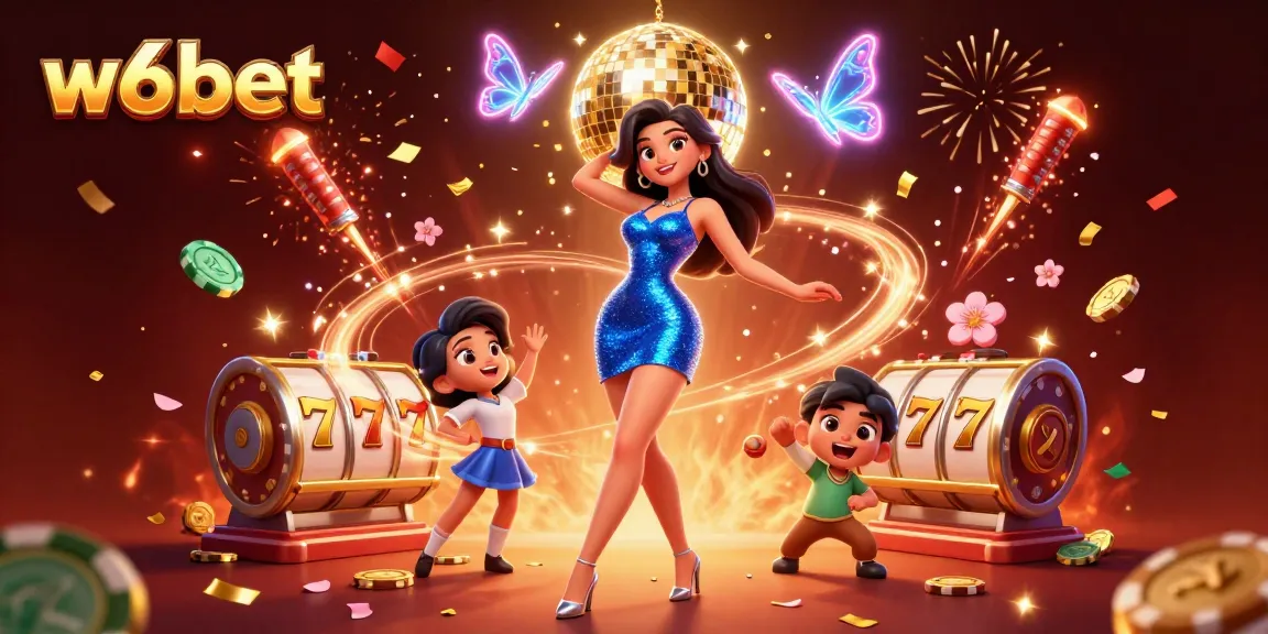 Experimente uma jogabilidade emocionante no w6bet com uma mulher glamourosa ganhando em meio a elementos festivos de cassino.