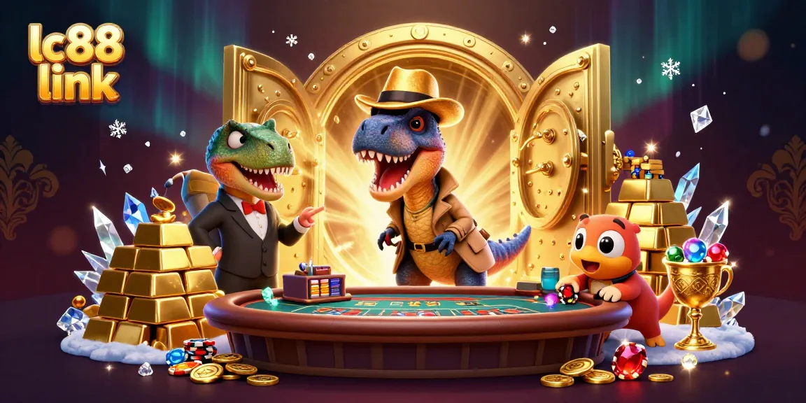 Bets with the lc88 link under a playful scene of casino dinosaurs stealing chips.