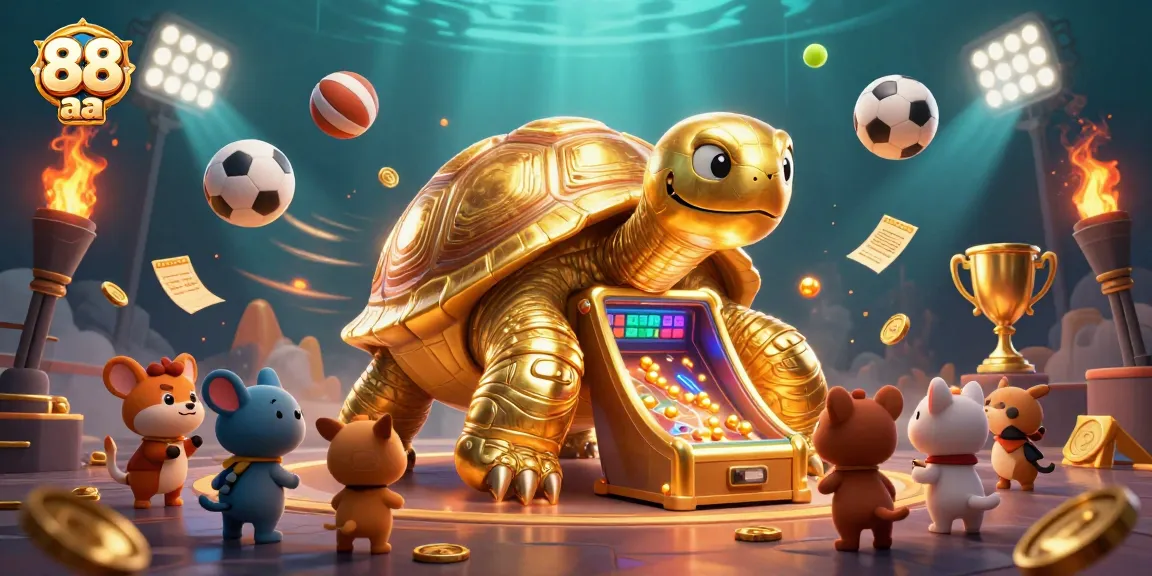 Experience thrilling games at 88 aa with vibrant visuals of a golden tortoise pinball machine and excited players.