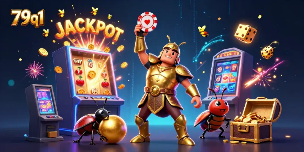 Celebrate wins on 79q1 with a victorious gladiator beetle and jackpot symbols in a dynamic casino scene.