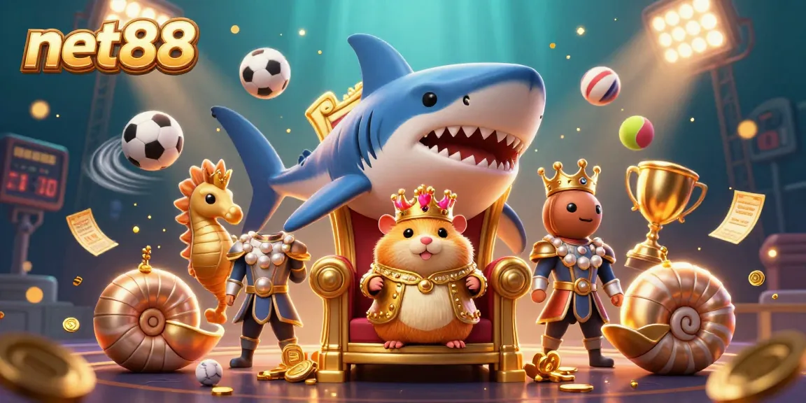 Experience net88's thrilling sports betting magic with a megalodon throne and vibrant royal elements.