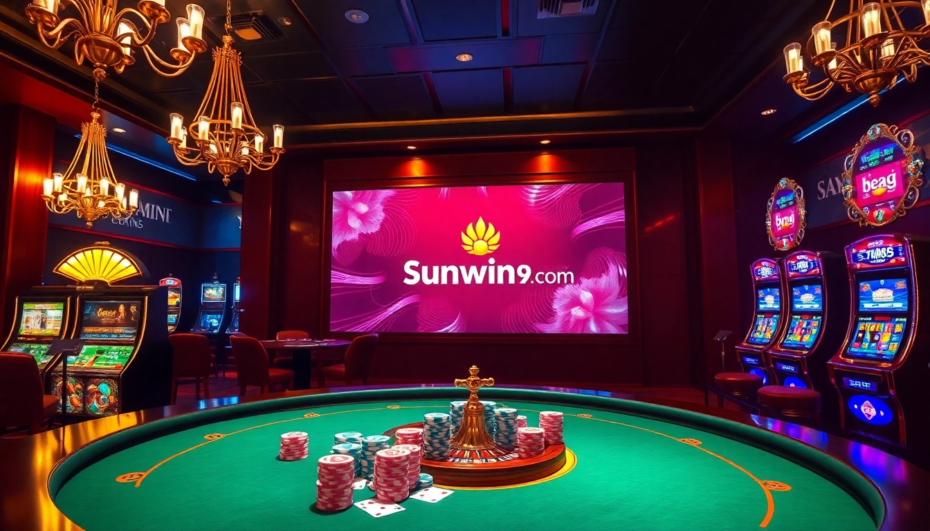 Experience the thrill of betting at sunwin19.cn.com, showcasing vibrant poker tables and slot machines.