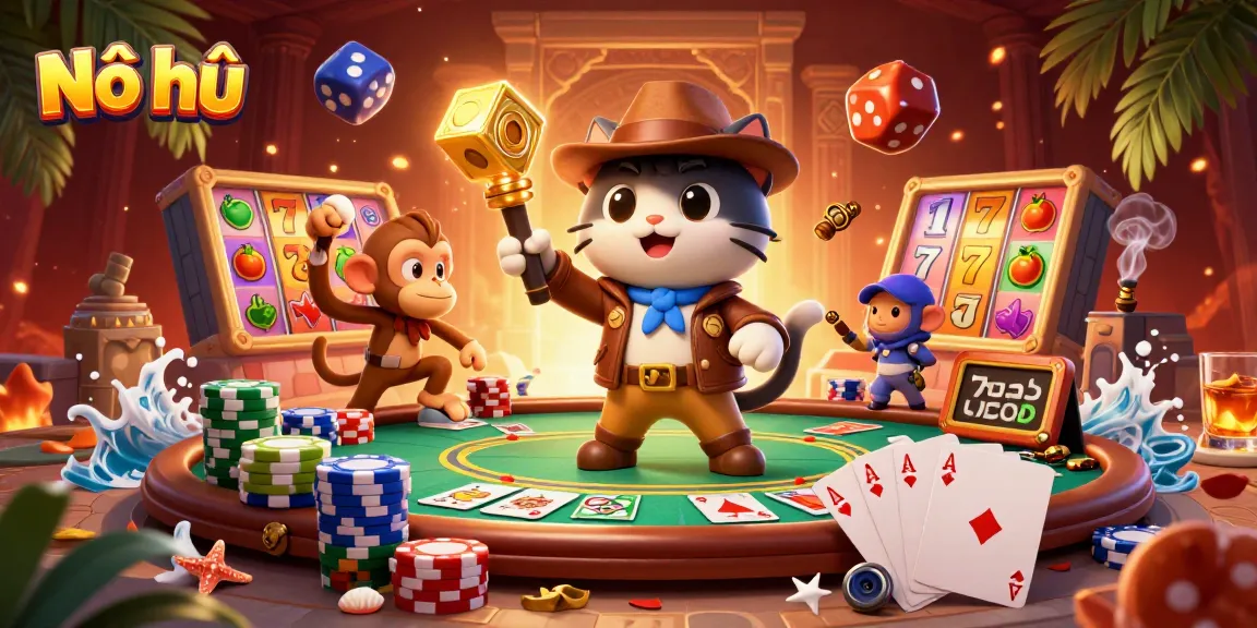 Nổ hũ slot scene showcasing a cat archaeologist and monkey companion discovering artifacts amidst colorful slot reels and casino elements.