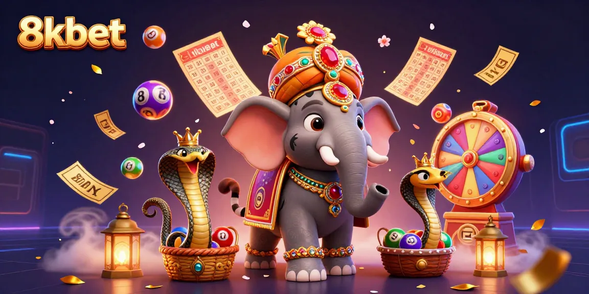 Engage with 8kbet's vibrant online lottery scene, featuring colorful elements and interactive characters.