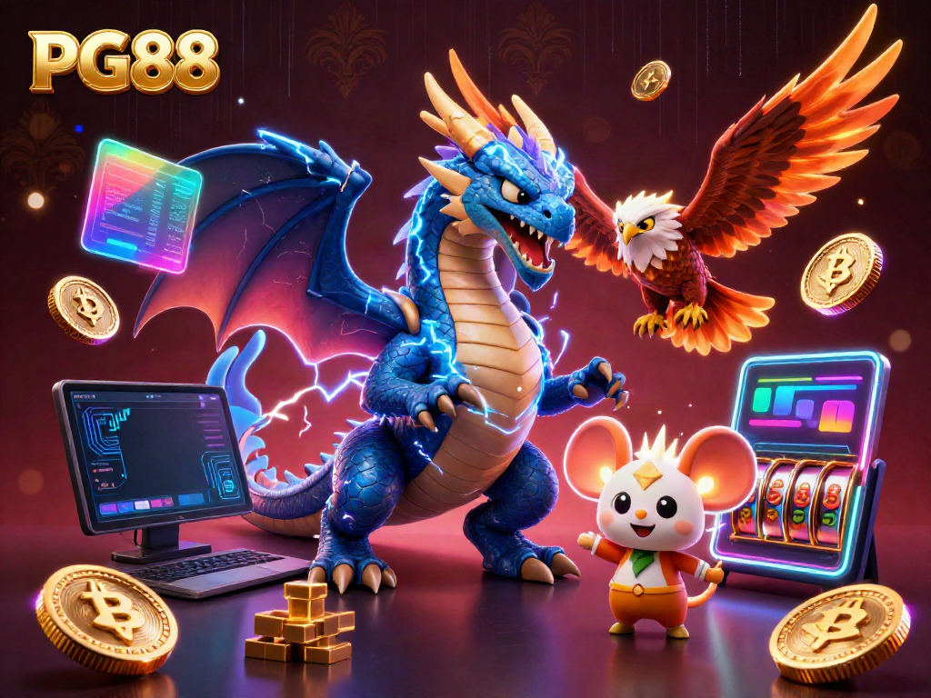 Experience thrilling gameplay with PG88’s dragon mascot and casino elements in an electrifying scene.