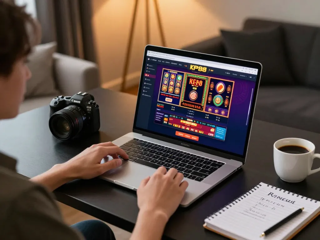 Engaging in online gaming with KP88 at a stylish home desk, showcasing an exciting gambling atmosphere