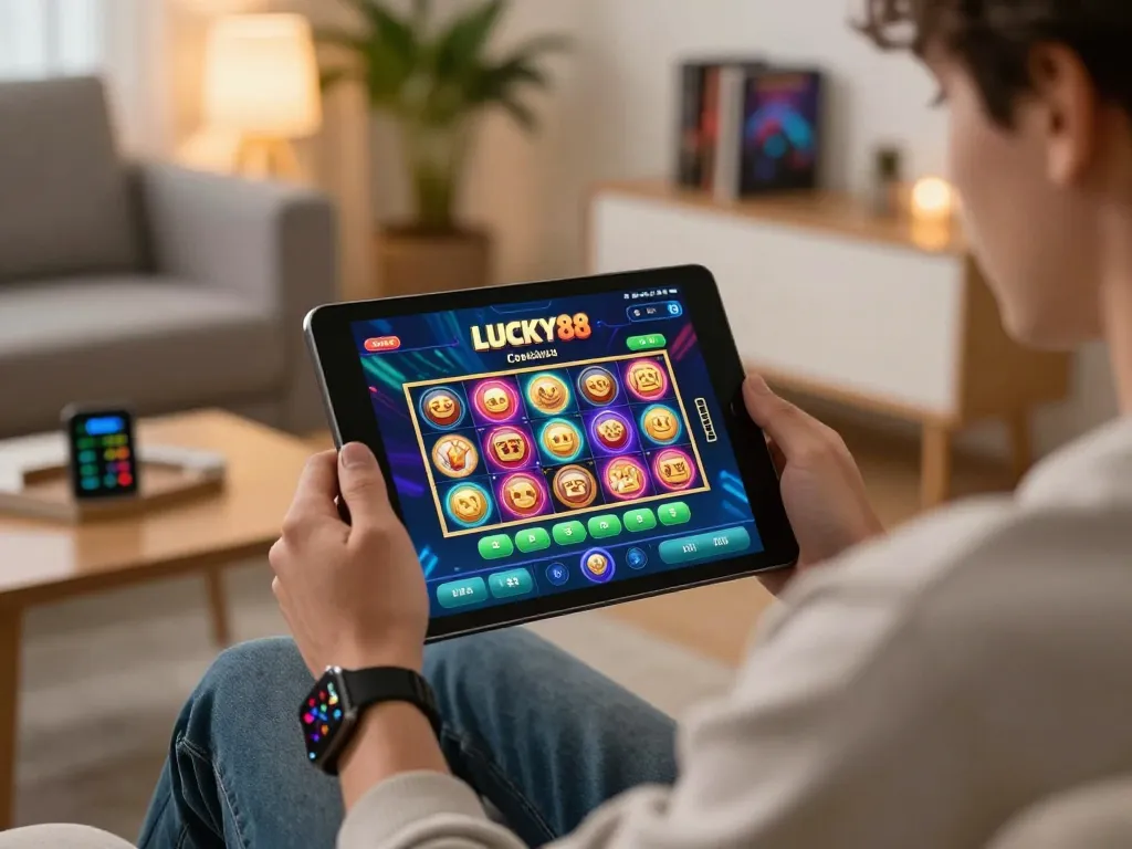 Engaging home gaming scene with a player using the LUCKY88 app on a tablet for slots