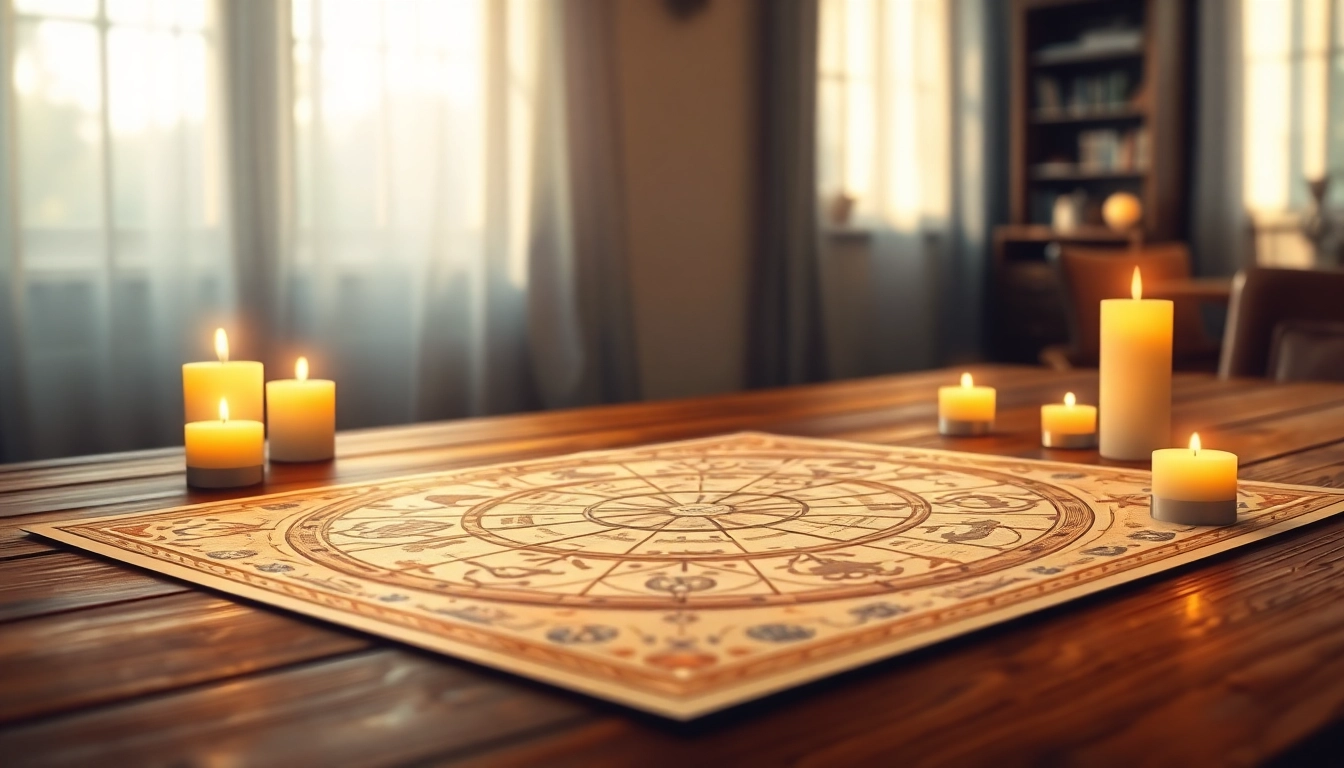 Understanding the destiny matrix with an intricate chart surrounded by crystals and candles.