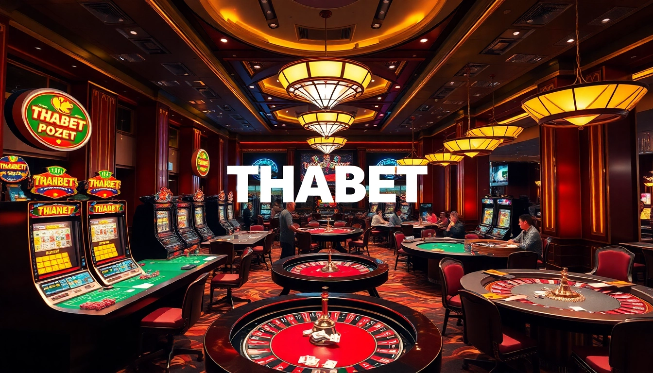 Players engaging in thrilling casino games at THABET, surrounded by vibrant slot machines and roulette tables.