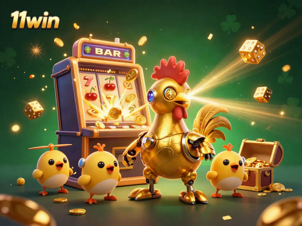 Experience thrilling gameplay at 11win with a golden rooster robot amidst a colorful casino scene.