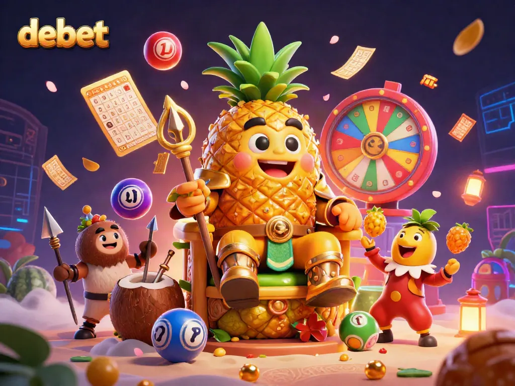 Experience the excitement of debet with a vibrant scene featuring a pineapple king and lottery elements.