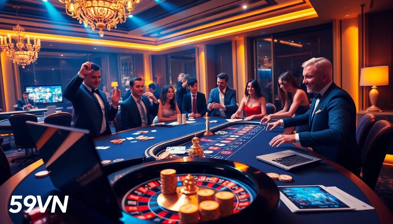 Engaging scene at 69VN online casino, showcasing excitement with professional dealers and vibrant gaming elements.