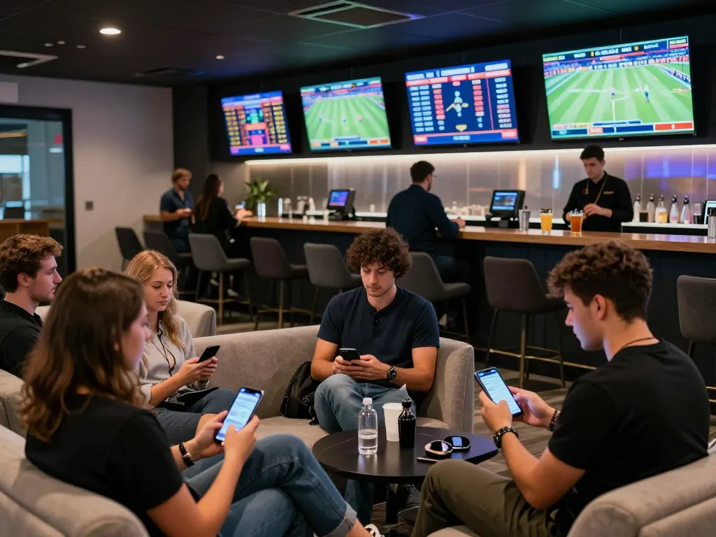 Excited fans engaging in sports betting at 75W, showcasing live games and dynamic interactions in a stylish lounge.