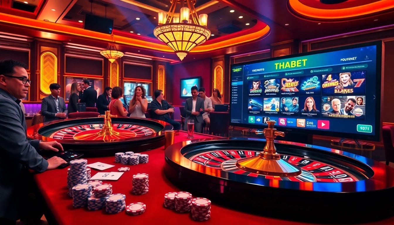 Gambling excitement at THABET link casino with poker chips and roulette wheel.