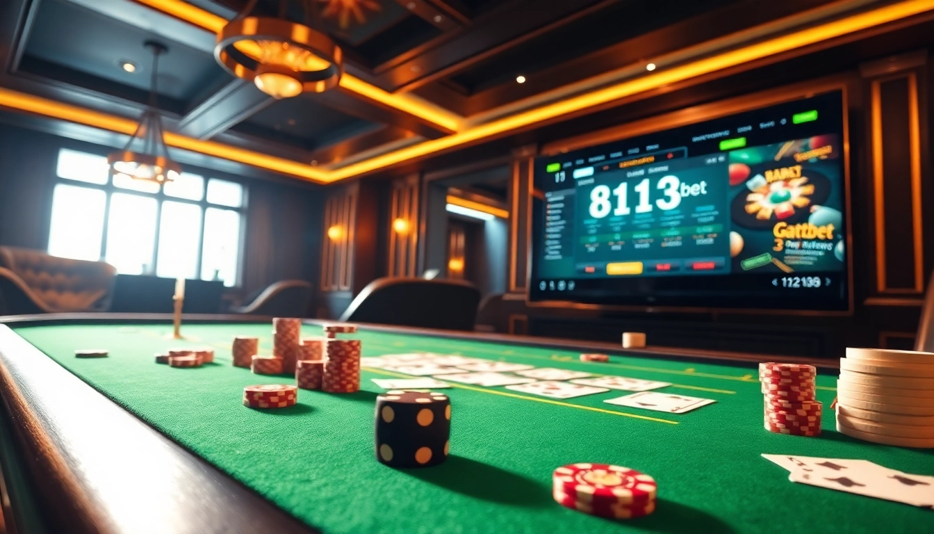 Jogadores aproveitando a experiência de cassino online da 813bet com fichas de pôquer e uma interface vibrante.